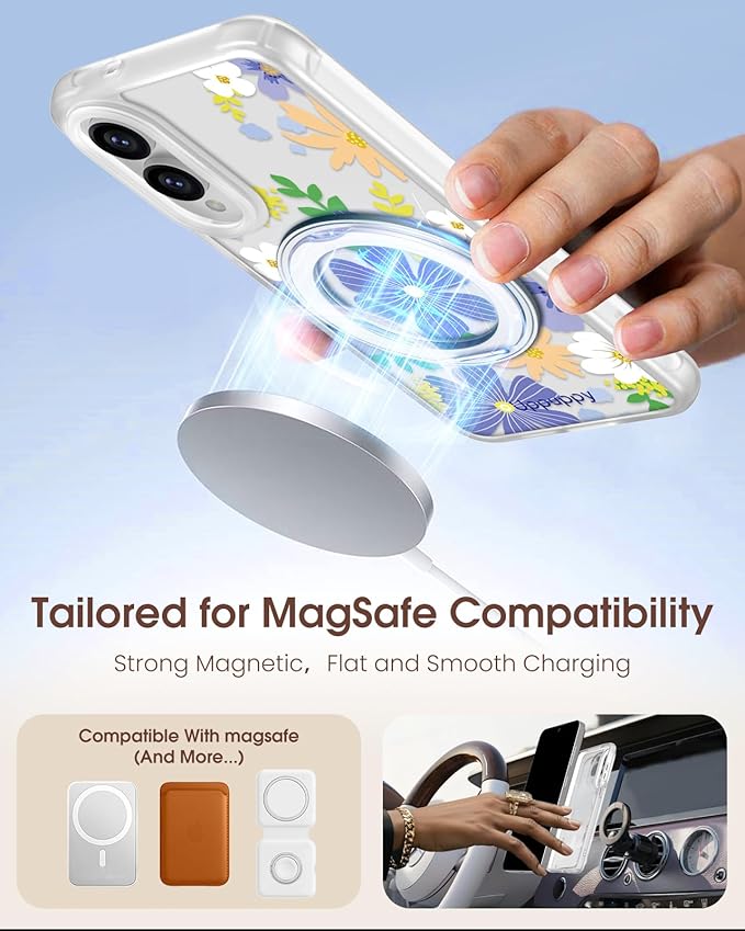 for Samsung Galaxy S25 Edge Case with 360° Rotatable Magnetic Ring - Compatible with MagSafe, Semi-Transparent Soft-Touch Material Shockproof, Cute Purple Flower Design for Women Girl