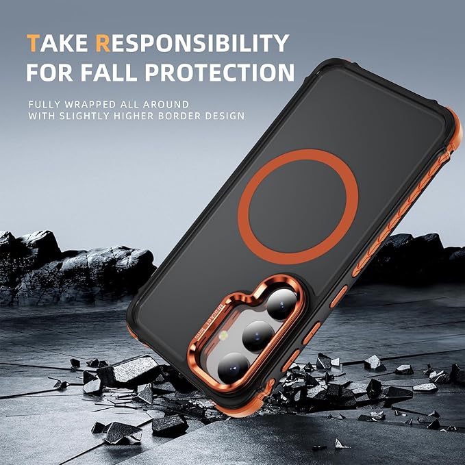 Magnetic for Samsung Galaxy S25 Case/S24 Case Orange Fit for MagSafe Military-Grade Shockproof Protection Adjustable Kickstand Slim Matte Anti-Fingerprint Cover Men Women
