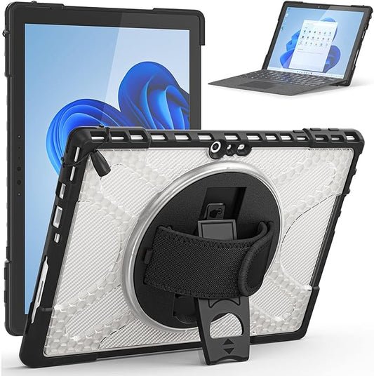 Junfire Protective Case for Microsoft Surface Pro 7 Plus, Surface Pro 7/6/5/4 Shockproof Rugged Case with 360°Rotating Kickstand/Hand Strap/Stylus Holder, Compatible with Type Cover Keyboard,Clear