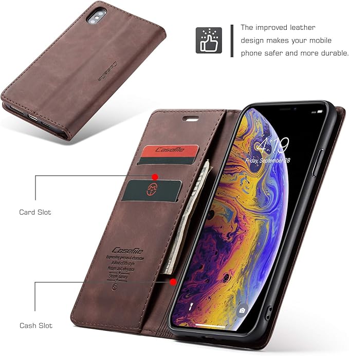 for iPhone Xs Max 6.5-Inch Case, Flip Wallet Leather Case with Card Holder Magnetic Closure Shockproof Kickstand Protective Phone Cases Cover for iPhone Xs Max, Coffee