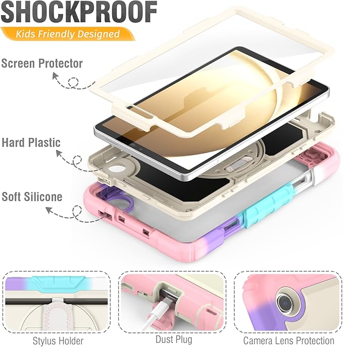 HXCASEAC Case for Samsung Galaxy Tab A9 8.7 Inch, Protective with Screen Protector/Hand Strap/Pen Holder, Sturdy Shockproof for Samsung A9 Tablet Case SM-X110 SM-X115 SM-X117 - Pink