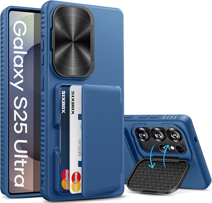for Samsung Galaxy S25 Ultra Case with Card Holder, Built-in Stand & Camera Lens Cover, Shockproof Rugged Silicone Raised Edge Protective Wallet Phone Case for Samsung S25 Ultra 2025, Blue