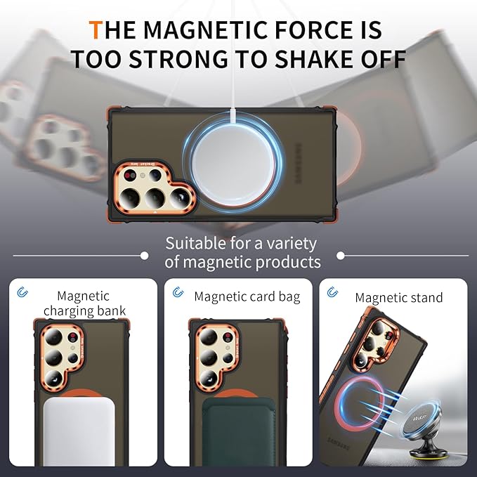 Magnetic for Samsung Galaxy S24 Ultra Case Orange Fit for MagSafe Military-Grade Shockproof Protection Adjustable Kickstand Slim Matte Anti-Fingerprint Cover Men Women