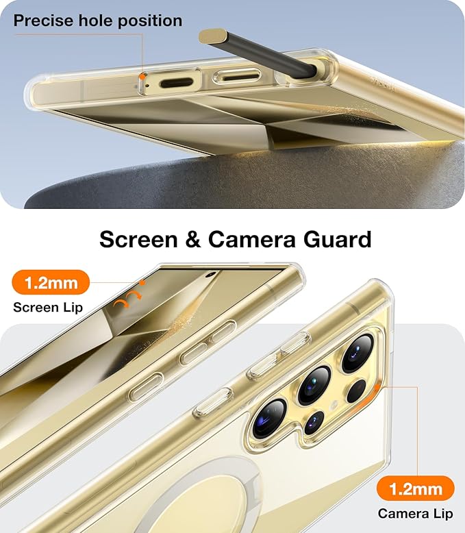 TORRAS 360° Spin Magnetic Stand for Samsung Galaxy S24 Ultra Case, Fit for Magsafe, Hard PC S24 Ultra Phone Case with Kickstand & Ring Holder, Transparent Clear