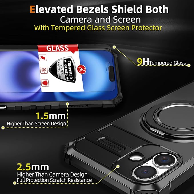 for iPhone 16 Case Magnetic Compatible with MagSafe Wireless Charging,with 2 Screen Protectors,Built-in 360°Kickstand Ring,Military Grade Drop Shockproof Heavy Duty Protection Phone Men Black