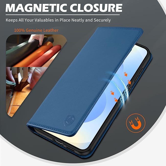 SHIELDON Case for Galaxy S25 Edge 6.7", Genuine Leather Wallet Magnetic Case with RFID Blocking Card Holder Kickstand Shock Absorbing Cover Compatible with Galaxy S25 Edge 2025 - Nappa Royal Blue