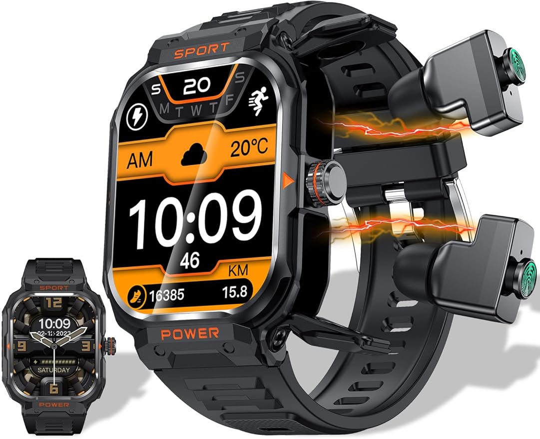 ZJX Smart Watch with Earbuds for Men(Call Receive/Dial), 2.01" HD Outdoor Tactical Rugged, Sports Fitness Tracker with Step,Calories,Sleep Monitor,Heart Rate Monitor for iPhone Android Classic Black