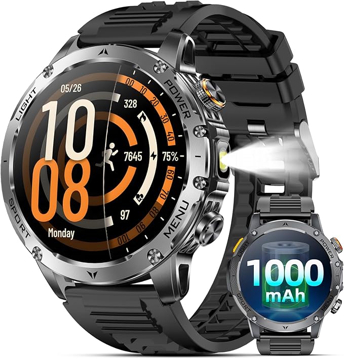 Military Smart Watches for Men, 1.7″ Smart Watch with 1000 mAh Battery, Led Flashlight, Answer/Make Calls, IP68 Waterproof, Heart Rate/Sleep Monitor 100+ Sport Modes Fitness Watch for Android/iPhone