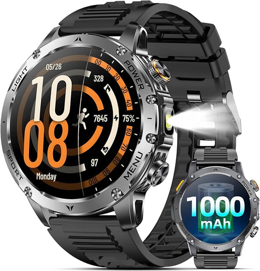 Military Smart Watches for Men, 1.7″ Smart Watch with 1000 mAh Battery, Led Flashlight, Answer/Make Calls, IP68 Waterproof, Heart Rate/Sleep Monitor 100+ Sport Modes Fitness Watch for Android/iPhone
