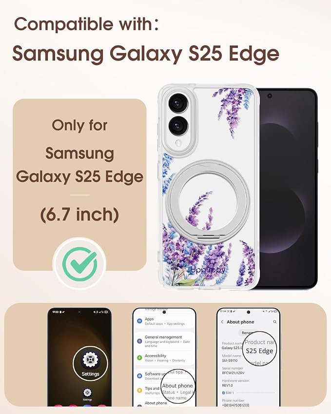 for Samsung Galaxy S25 Edge Case with 360° Rotatable Magnetic Ring - Compatible with MagSafe, Semi-Transparent Soft-Touch Material Shockproof, Cute Purple Floral Design for Women Girl