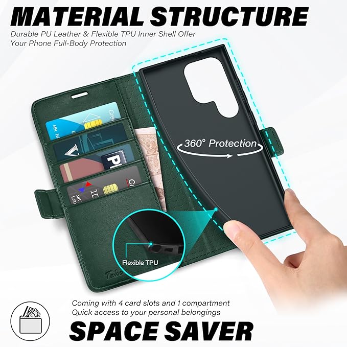 TUCCH Wallet Case for Galaxy S25 Ultra 5G, Magnetic PU Leather Stand [RFID Blocking] Card Slot Protective Folio Flip Cover with TPU Shockproof Interior Case Compatible with Galaxy S25 Ultra, Evergreen