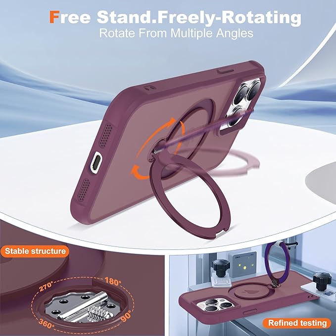Compatible with iPhone 15 Pro Case with Invisible Magnetic 360°Spin Stand,Military-Grade Shockproof Protection [Compatible with Mag-Safe] Non-Slip Edge Translucent Case (6.1",Wine Red)