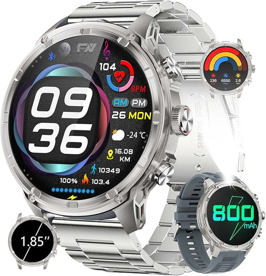 Smart Watch for Men-LED Flashlight, 1.85" Extra Large Smartwatch, 800mAh Long Battery, 100+ Sports Smart Watches Fitness Tracker, Bluetooth Caling/Pedometer/Sleep Monitor for Android iOS