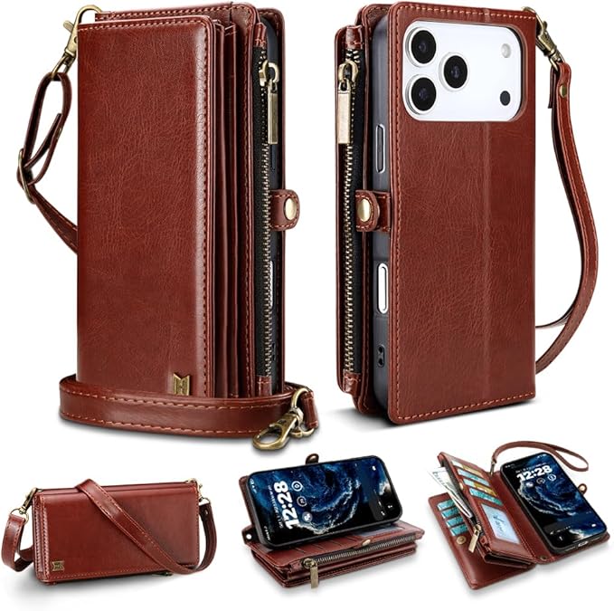 for iPhone 17 Pro Max Wallet Phone Case with 8 Card Holder,RFID Blocking | PU Leather | Kickstand | Flip | Wrist Strap&Shoulder Strap | Shockproof | Zipper Wallet | Women Men | 6.9" | Brown