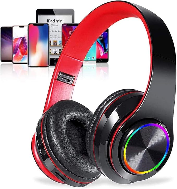 Bluetooth Over Ear Headphones, LED Lights Headphones with Built-in Mic, Light Weight, Bluetooth 5.0, Wireless Foldable HiFi Stereo Headphones for Classroom/Home/Office/PC/Mobile Phone (Black red)
