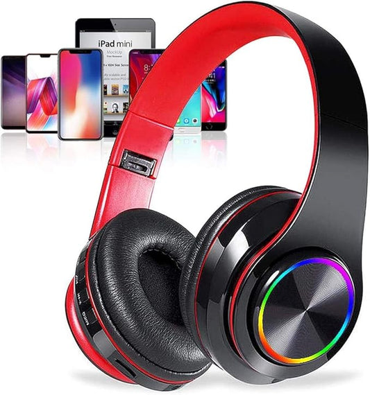 Bluetooth Over Ear Headphones, LED Lights Headphones with Built-in Mic, Light Weight, Bluetooth 5.0, Wireless Foldable HiFi Stereo Headphones for Classroom/Home/Office/PC/Mobile Phone (Black red)