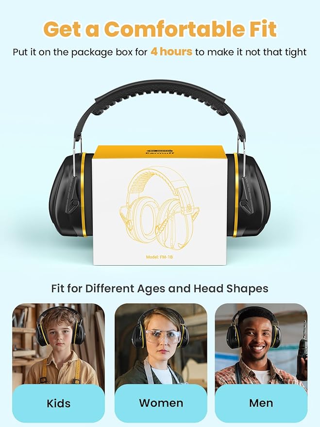 Dr.meter Hearing Protection Ear Muffs, 31dB Noise Reduction Safety Earmuffs with Adjustable Headband for Adults Kids Autism Sensory, Ear Muff for Yard Work, Mowing or Hunting Black 2PACK