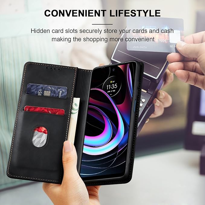 Jasonyu Flip Wallet Case for Motorola Edge 5G UW/Moto Edge (2021),Leather Magnetic Folio Cover with Card Holder,Kickstand - TPU Shockproof Durable Protective Phone Case,Black