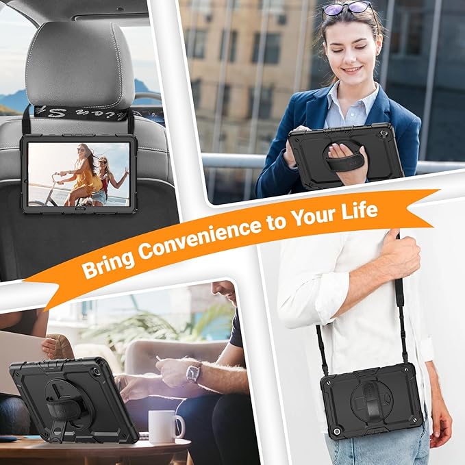 SEYMAC Case for Samsung Galaxy Tab A9+/ A9 Plus Case 11" 2023 (SM-X210/X216/X218), Heavy Duty Shockproof Protective Case with Screen Protector, Rotating Stand and Hand/Shoulder Strap, Black