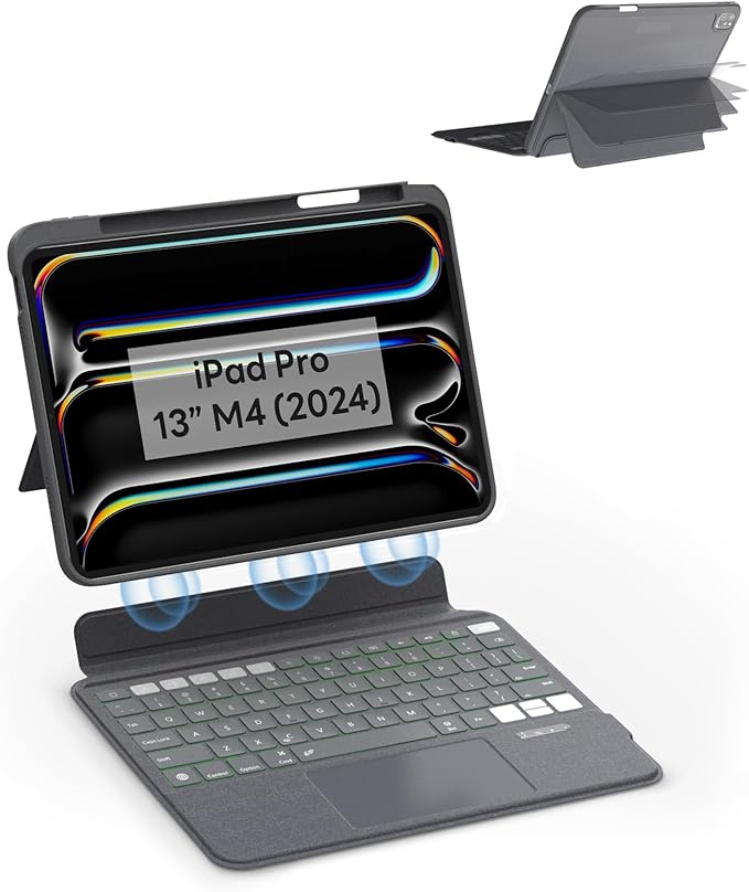 EIP Keyboard Case for iPad Pro 13 inch M4 (2024), 13” Magnetic Detachable Keyboard with Patented Stylus Shortcuts, Adjustable Stand, Seven-Color Backlit [Not for Pro 12.9” 3-6th] [Not for Air 13”].