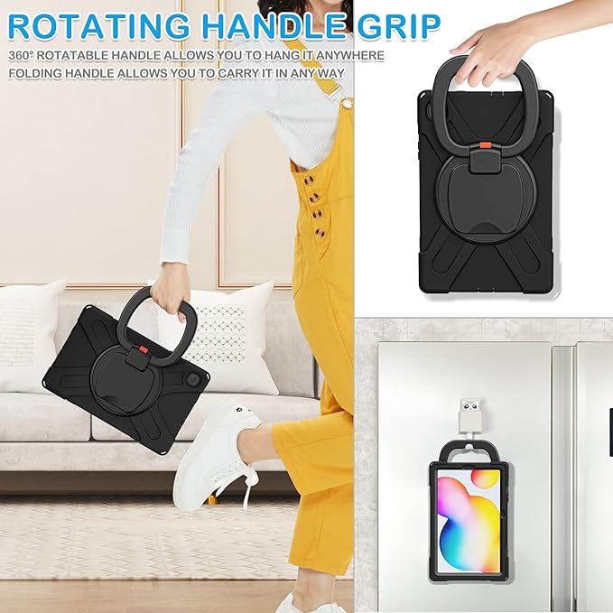 BATYUE Case for Samsung Galaxy Tab S6 Lite 10.4 Inch 2024/2022/2020 (SM-P610/SM-P613/SM-P615/SM-P619/SM-P620), Protective Case with Shoulder Strap, 360° Swivel Stand, Shockproof Drop; for Kids - Black