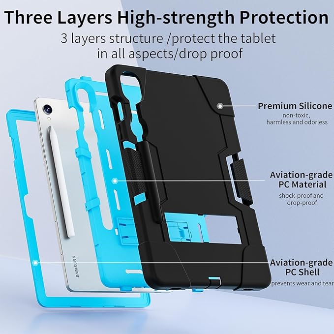 Case for Galaxy Tablet S10 FE 10.9" / S9 FE / S9 11" 2023, Soft Silicone & Hard Pc 3-Layer Military Protector Cover for Tab S10 FE /S9 FE/ S9 /S8 /S7 with S-Pen Holder Stand Black+Blue