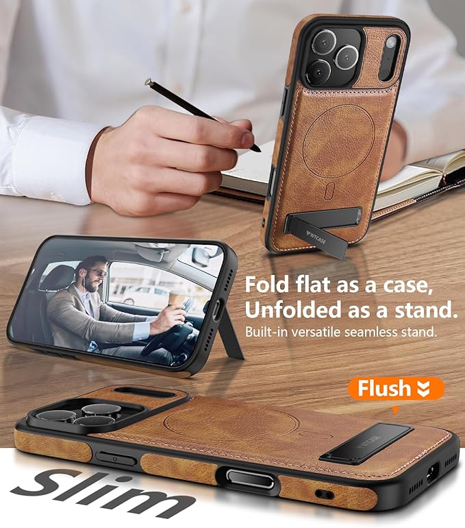 Magnetic for iPhone 17 Pro Max Leather Case,Built-in Invisible Stand [Compatible with Magsafe] Protective Slim Kickstand Phone Cover for iPhone 17 Pro Max,Brown