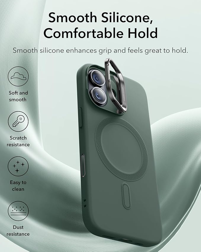 ESR Silicone Case for iPhone 17, Built-in Camera Stash Stand Compatible with MagSafe, Military-Grade Drop Protection Magnetic Phone Case for iPhone 17, Cloud Series, Olive Green