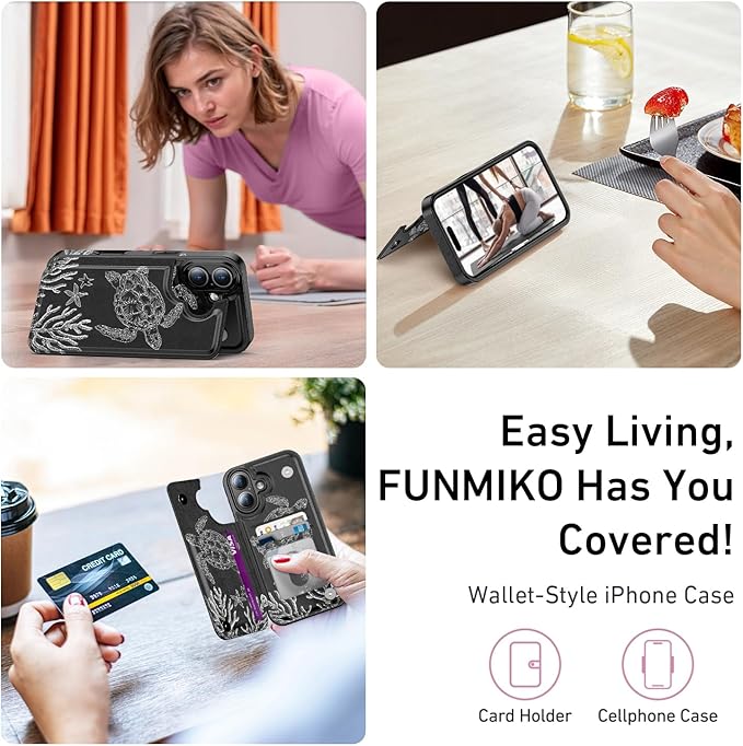 FUNMIKO for iPhone 16 Plus Wallet Case with Card Holder, RFID-Blocking, Military-Grade Protection & UV-Printed Artwork, Magnetic Closure with Leather Kickstand - Swimming Sea Turtle
