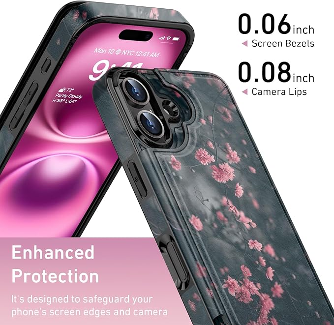 FUNMIKO for iPhone 16 Plus Wallet Case with Card Holder, RFID-Blocking, Military-Grade Protection & UV-Printed Artwork, Magnetic Closure with Leather Kickstand - Mystic Blooming Plum