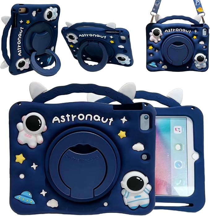 3D Cute Press Astronaut Case for Samsung Galaxy Tab A7 10.4 inch 2022/2020 SM-T500/T505/T507,Kawaii Cartoon Character Space Soft Silicone Rotating Stand Case with Lanyard for Kids Teens Girls Women