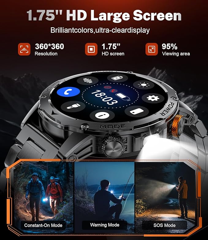 Military Smart Watches for Men(3 Bands),1000mAh/1.75" HD Large Screen Smartwatch, Flashlight/110+ Sports Modes/IP68 Waterproof/Sleep Monitor Fitness Tracker for Android iOS, Matte Black