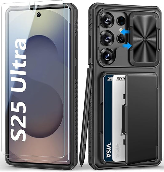 for Samsung Galaxy S25 Ultra Case with Tempered Glass Screen Protector, Wallet Card Holder (4-5 Card), Slide Camera Cover, Military Grade Protection, Heavy Duty Case for Samsung S25 Ultra, Black