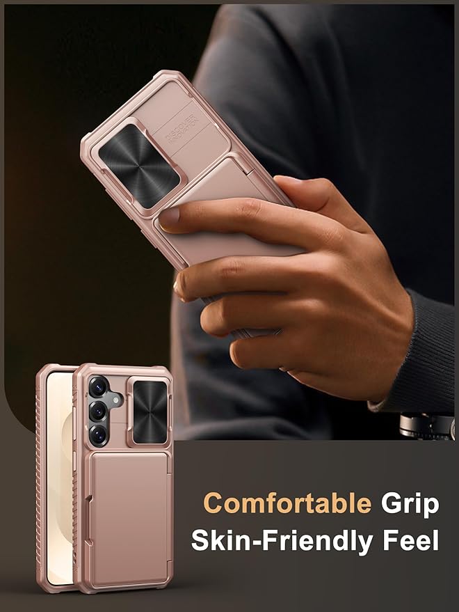 Vihibii for Samsung Galaxy S25 Case with Card Holder (4 Cards), [RFID Blocking] & Slide Camera Cover, Military Grade Drop Protection, Rugged Wallet Case for Samsung Galaxy S25 6.2" 5g 2025, Rose Gold