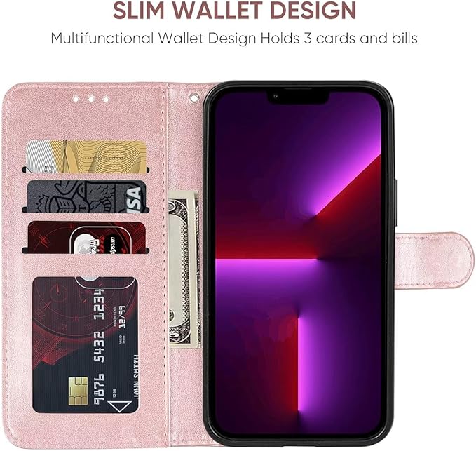 for iPhone 13 Case, iPhone 14 Wallet Case with Tempered Glass Screen Protector, Flower Leather Flip Protective Case Credit Card Holder Stand Phone Cover for iPhone 14 Rose Gold