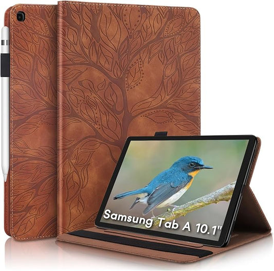 Portfolio Cover for Galaxy Tab A 10.1 Inch, Unique Tree Design with Hidden Card Slots, Slim and Lightweight, Precise Cutouts Tablet Case Compatible with Samsung Galaxy Tab A 2019 SM-T510 T515 Brown