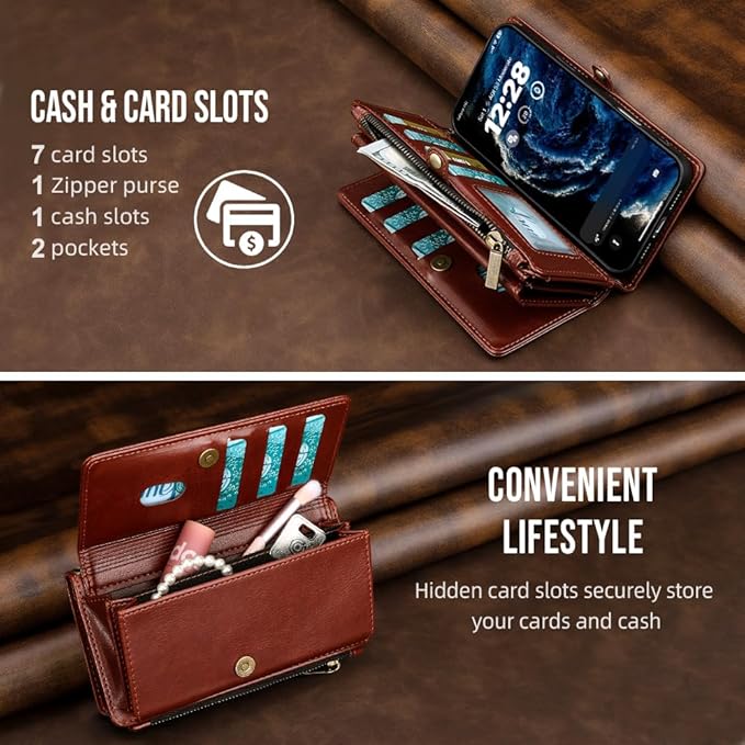 for iPhone 17 Pro Wallet Phone Case with 7 Card Holder,RFID Blocking | PU Leather | Kickstand | Flip | Wrist Strap&Shoulder Strap | Shockproof | Zipper Wallet | Women Men | 6.3" | Brown