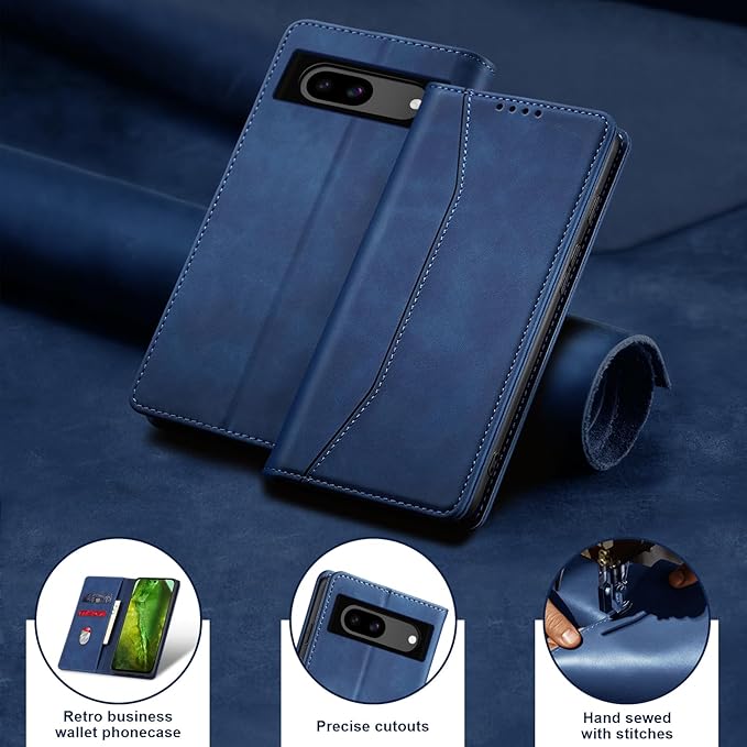 Jasonyu Flip Wallet Case for Google Pixel 8A,Leather Magnetic Folio Cover with Card Holder,Kickstand - TPU Shockproof Durable Protective Phone Case,Blue
