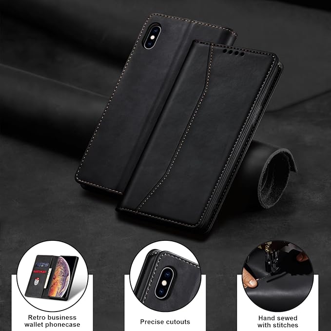 Jasonyu Flip Wallet Case for iPhone Xs Max,Leather Magnetic Folio Cover with Card Holder,Kickstand - TPU Shockproof Durable Protective Phone Case,Black
