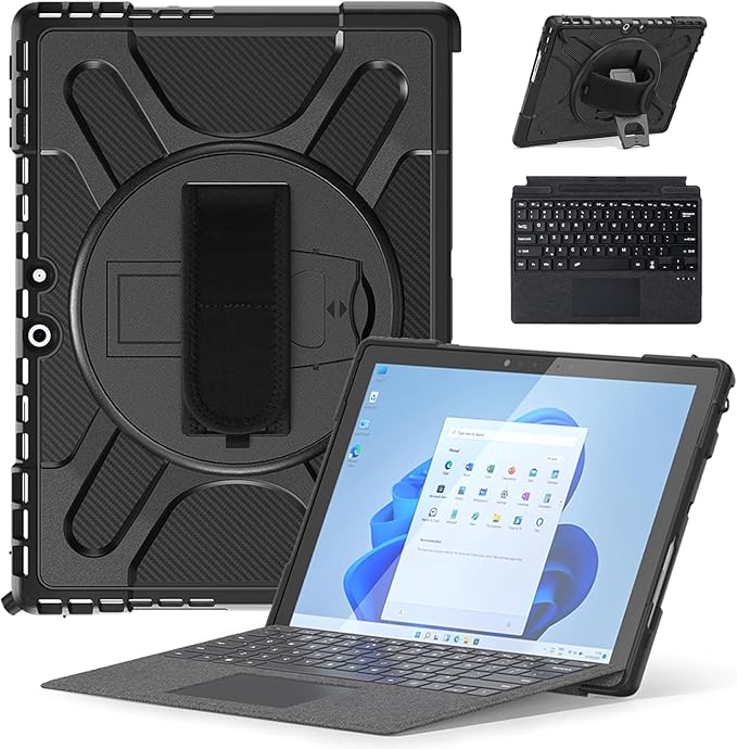 Junfire Surface Pro 9/Surface Pro 10/Surface Pro11 Case with Keyboard - Rugged Shockproof Case with Stand and Hand Strap & Keyboard Combo-Black