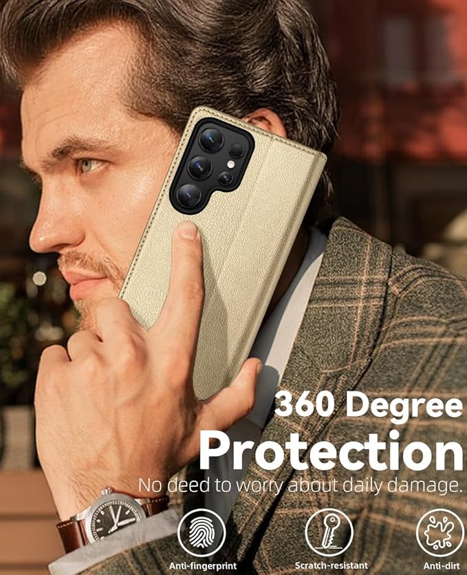 OCASE Compatible with Galaxy S25 Ultra Wallet Case, PU Leather Flip Folio Case with Card Holders RFID Blocking Kickstand [Shockproof TPU Inner Shell] Protective Phone Cover 2025, Gold