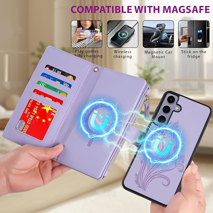 Lacass for Samsung Galaxy S24 Case Wallet,Compatible with MagSafe 2 in 1 Magnetic Detachable PU Leather RFID Blocking Wallet Cover Card Holder Zipper Wrist Strap Lanyard,Floral Light Purple