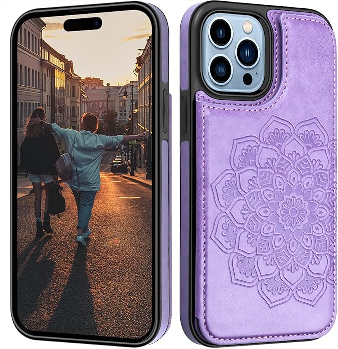 MMHUO for iPhone 15 Pro Max Case with Card Holder,Flower Magnetic Buttons Protective Wallet Case for Women for iPhone 15 Pro Max,Purple