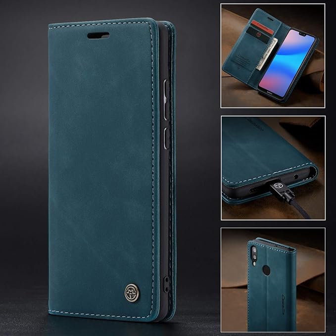 for Huawei P20 Lite Case, Flip Wallet Leather Case with Card Holder Magnetic Closure Shockproof Kickstand Protective Phone Cases Cover for Huawei P20 Lite,Blue-Green
