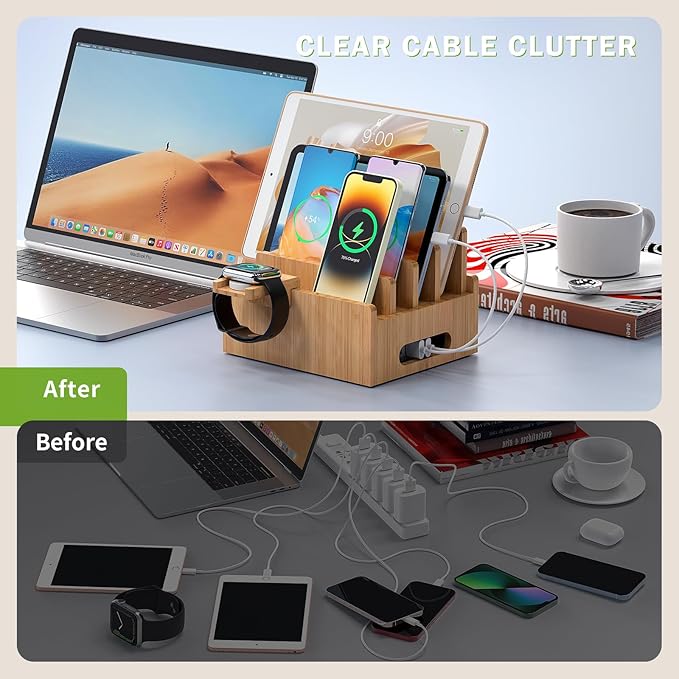Pezin & Hulin Bamboo Charging Stand, Dock Organizer for Multi Devices, Cell Phone, Tablets, Smart Watch, with Pack 5 Cables, No Power Charger Block