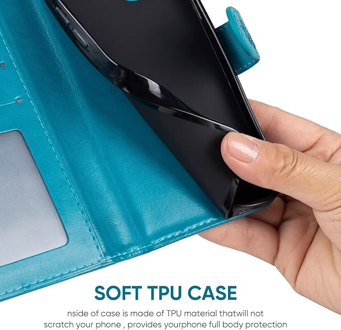 Case for iPhone 13 Case, iPhone 14 Wallet Case with Tempered Glass Screen Protector, Flower Leather Flip Credit Card Holder Stand Phone Cover Cases for iPhone 14 Blue