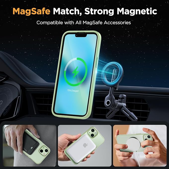 Miracase Magnetic for iPhone 13 Case 6.1 inch (Compatible with MagSafe)（with 2X Screen Protectors） Military-Grade Protection, Anti-Fingerprint Translucent Matte Phone Case Cover, Light Green