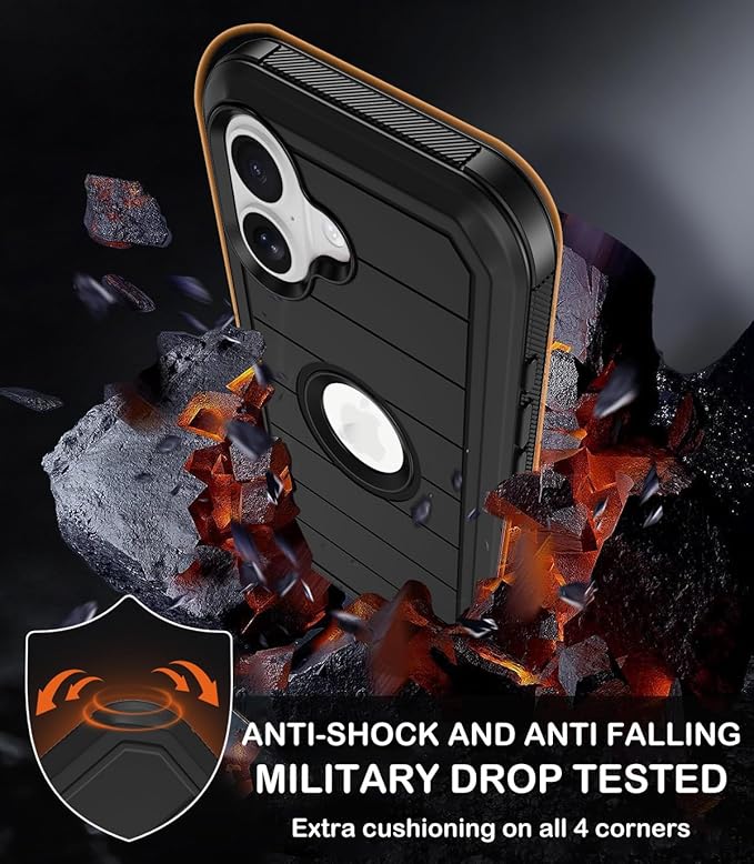 for iPhone 16 Case with 2 Screen Protectors,Heavy Duty Shockproof Drop Protection Military Grade Tri-Layer Rugged Cell Phone Cover with Belt Clip Holster & Kickstand for Apple 16 6.3“ Black