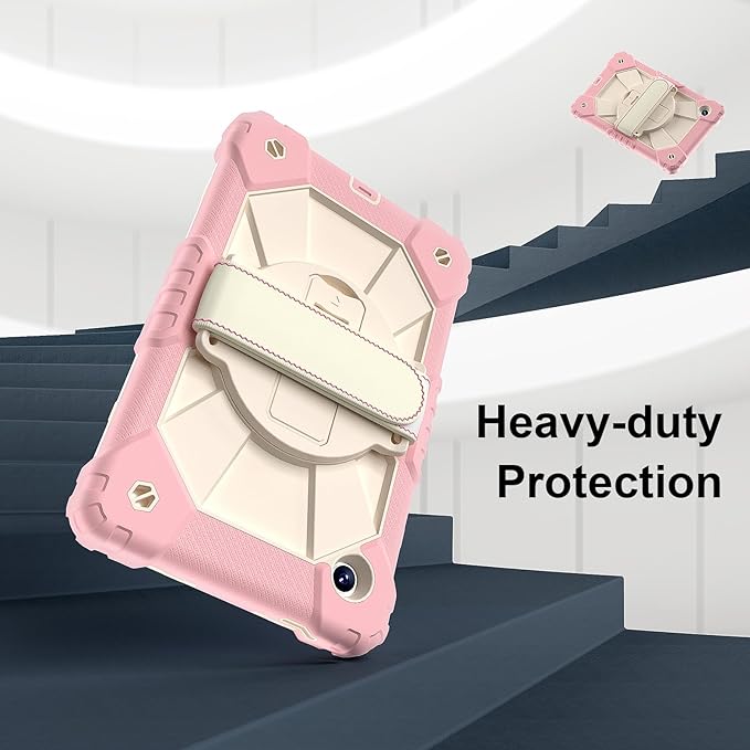 for Samsung Galaxy Tab A9 Case 8.7 inch (SM-X110/X115/X117), Heavy Duty Shockproof Silicone Cover Rugged 360 Stand Hand Shoulder Strap for Galaxy A9 Tablet Rose Red+Cream Stone