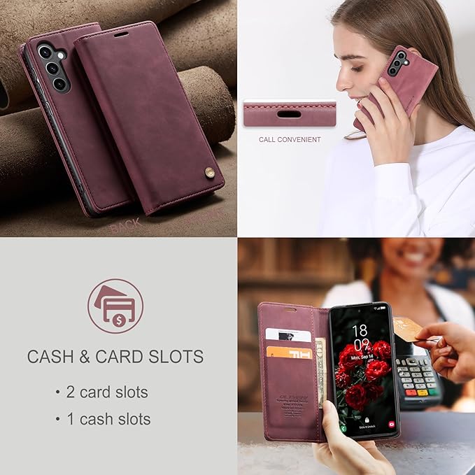 QLTYPRI Case for Samsung Galaxy S24, Vintage PU Leather Wallet Case Card Slot Kickstand Magnetic Closure Shockproof Flip Folio Case Cover for Samsung Galaxy S24 - Red